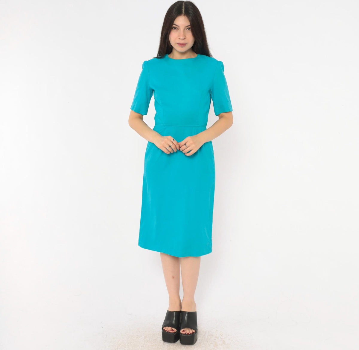 60s Teal Sheath Dress Puff Sleeve Back Zipper Knee Length Extra Small