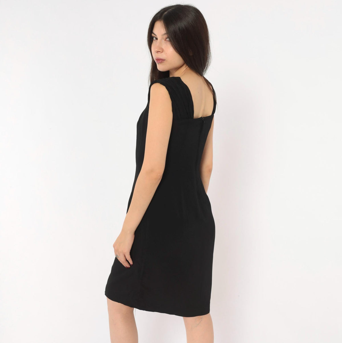 90s Maggy London Black Sweetheart Neckline Dress Cap Sleeve Small