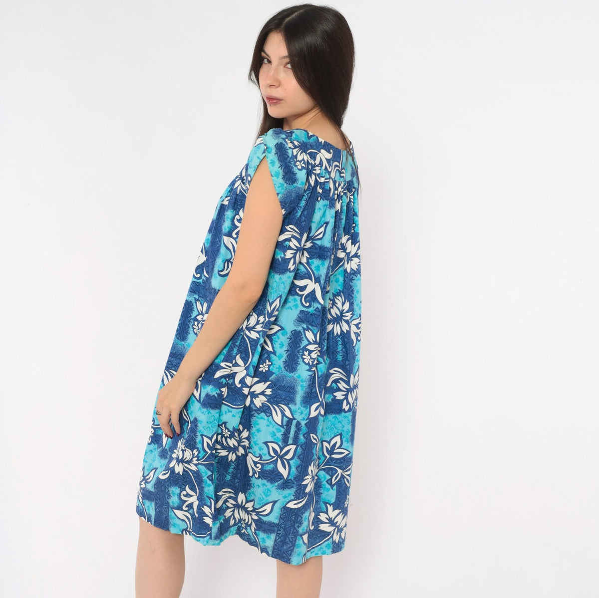 80s Made In Hawaii Muumuu Dress Blue Floral Cotton Knee-Length Medium