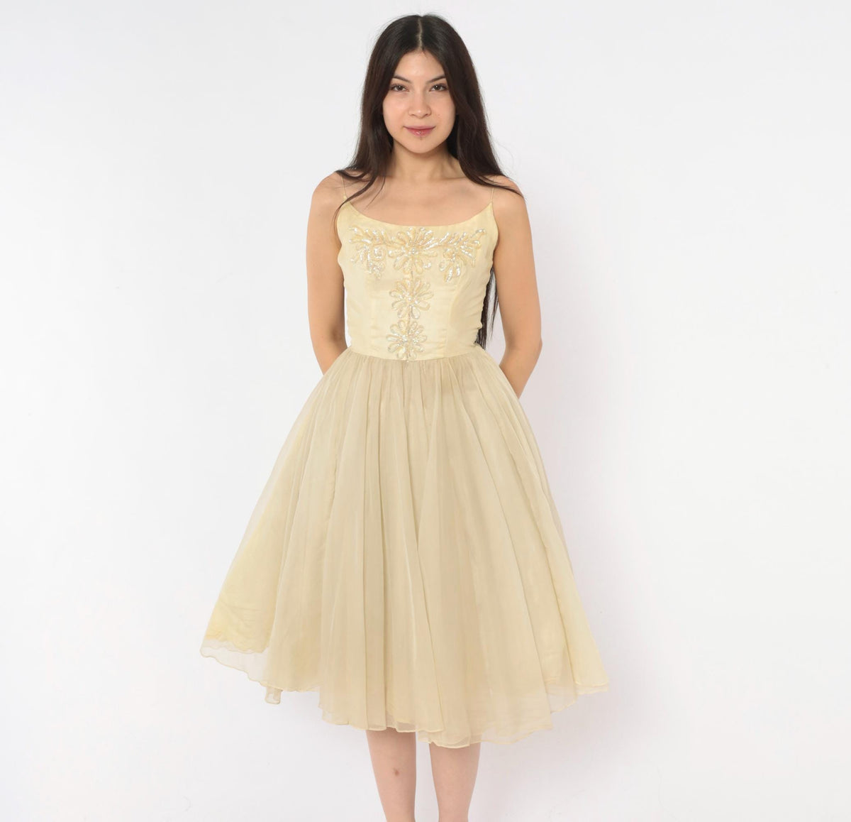 1950s Cream Sequin Floral Party Dress Full Skirt Chiffon Extra Small XS