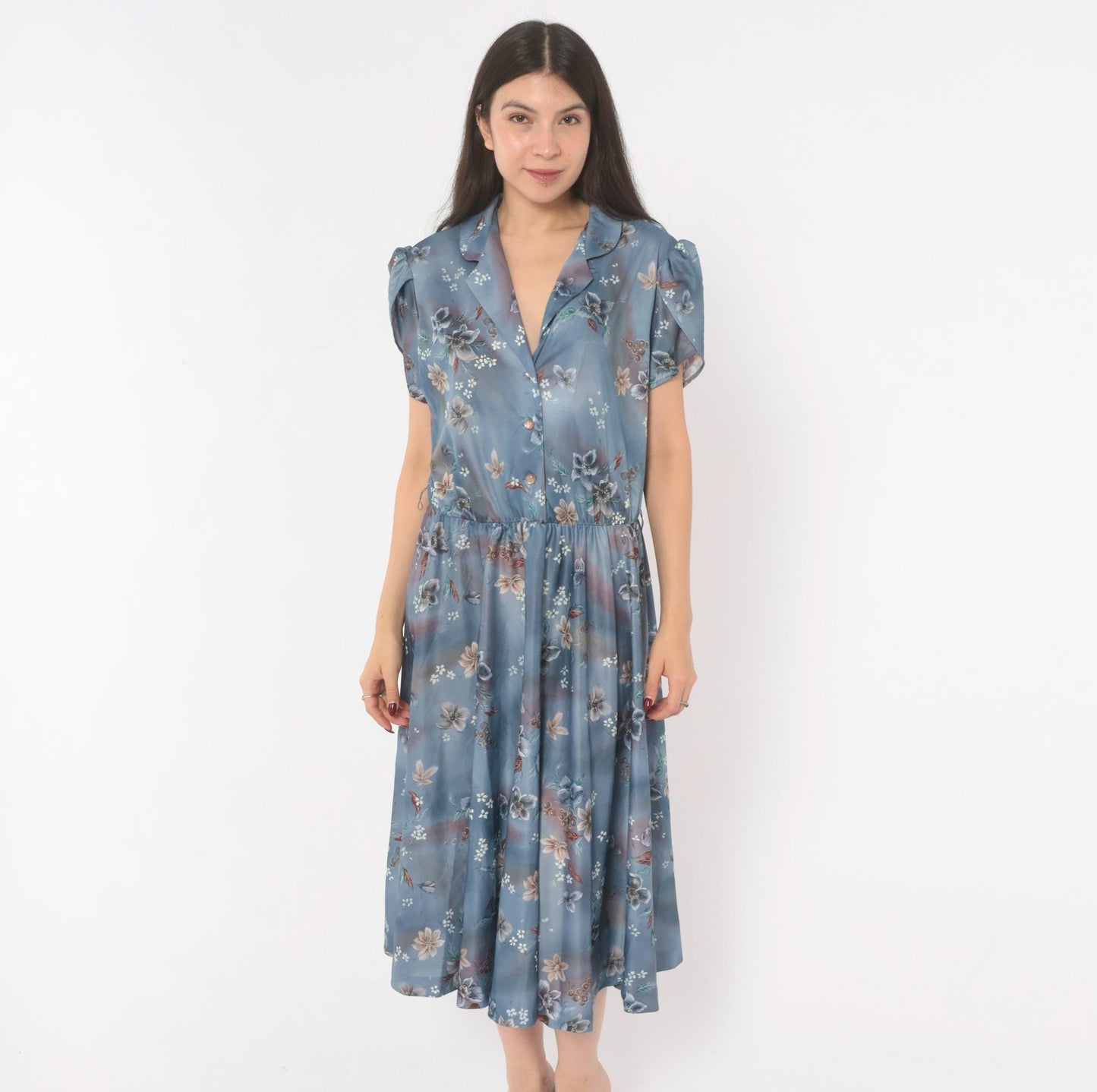 70s Slate Blue Floral Midi Shirtdress Puff Sleeve Notched Collar Large