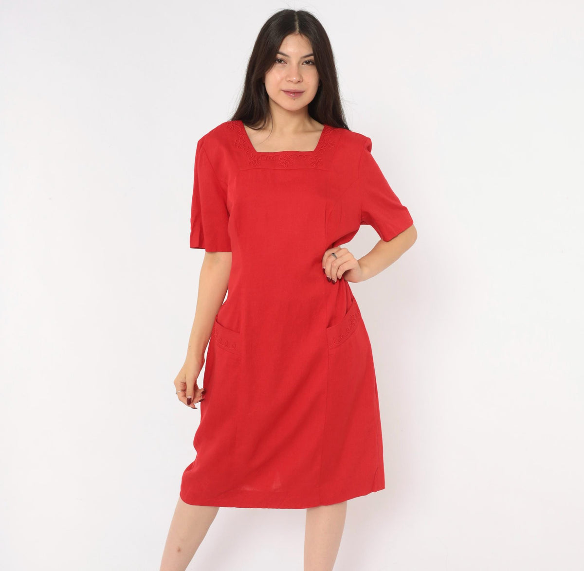 80s Lanz Originals Red Shift Dress Square Neck Soutache Embroidery Large L