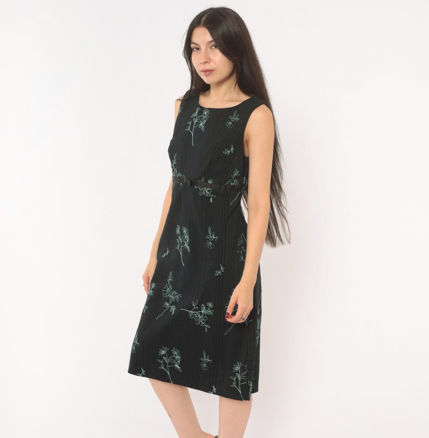 90s Rabbit Black Floral Embroidered A-Line Dress Blue Pinstripe Medium M