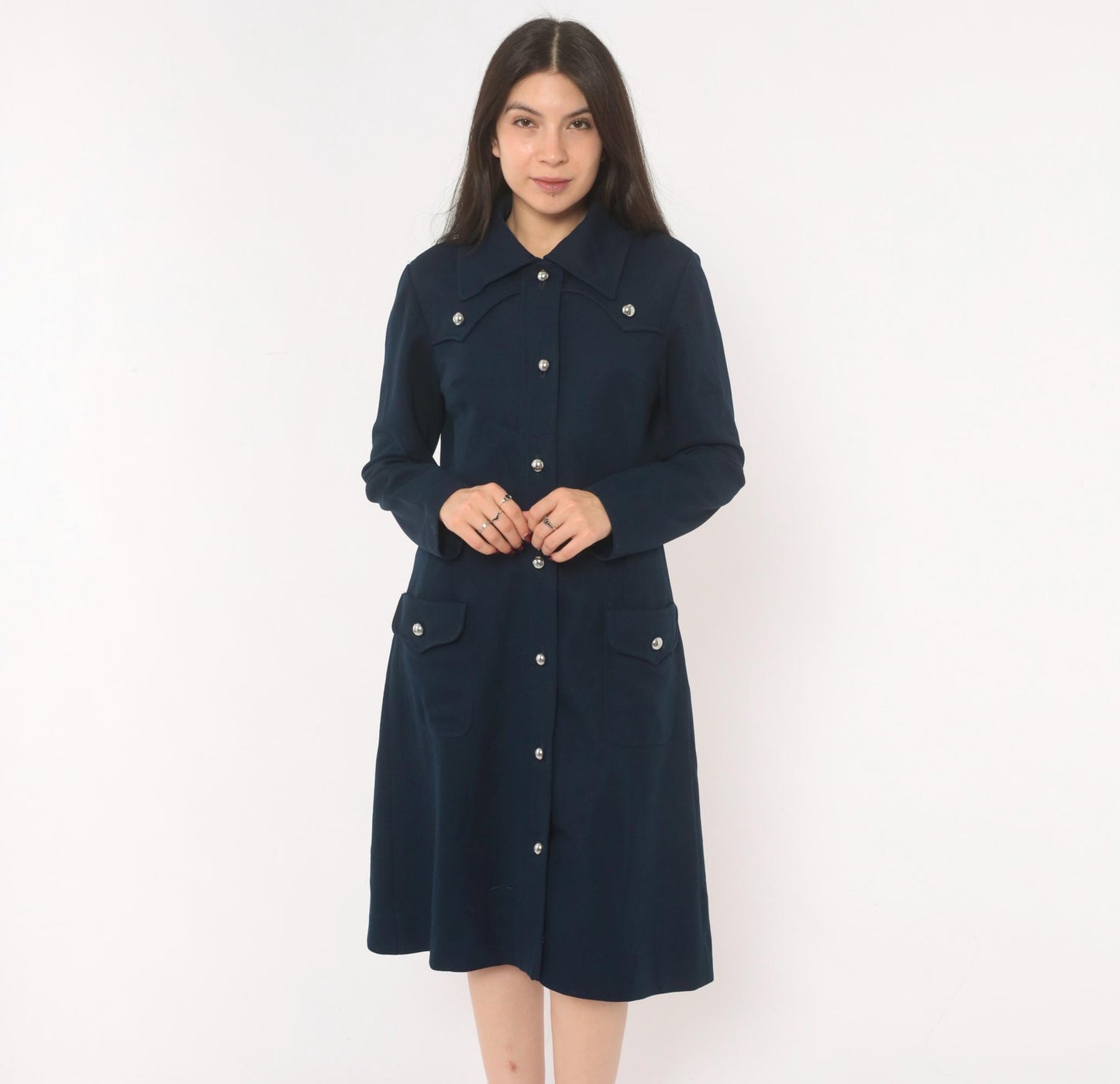 70s R & K Originals Navy Coat Dress Western Yoke Silver Buttons Medium