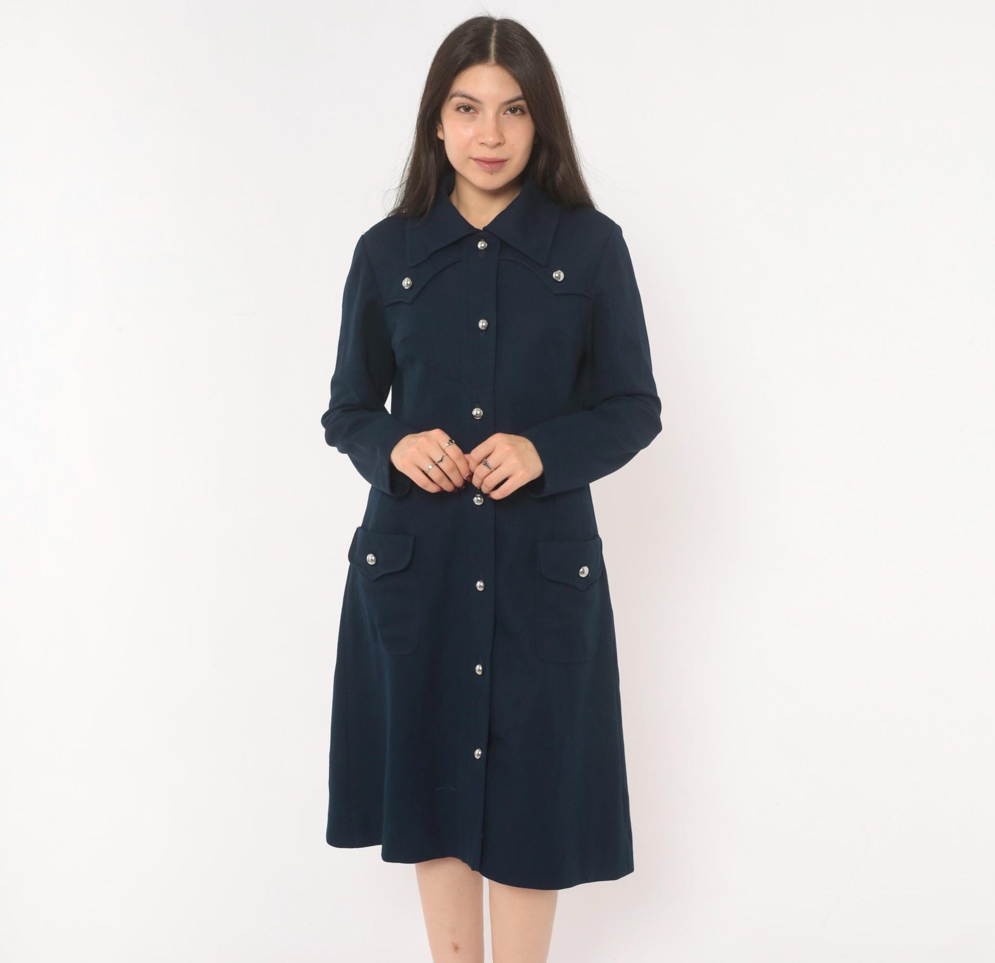 70s R & K Originals Navy Coat Dress Western Yoke Silver Buttons Medium
