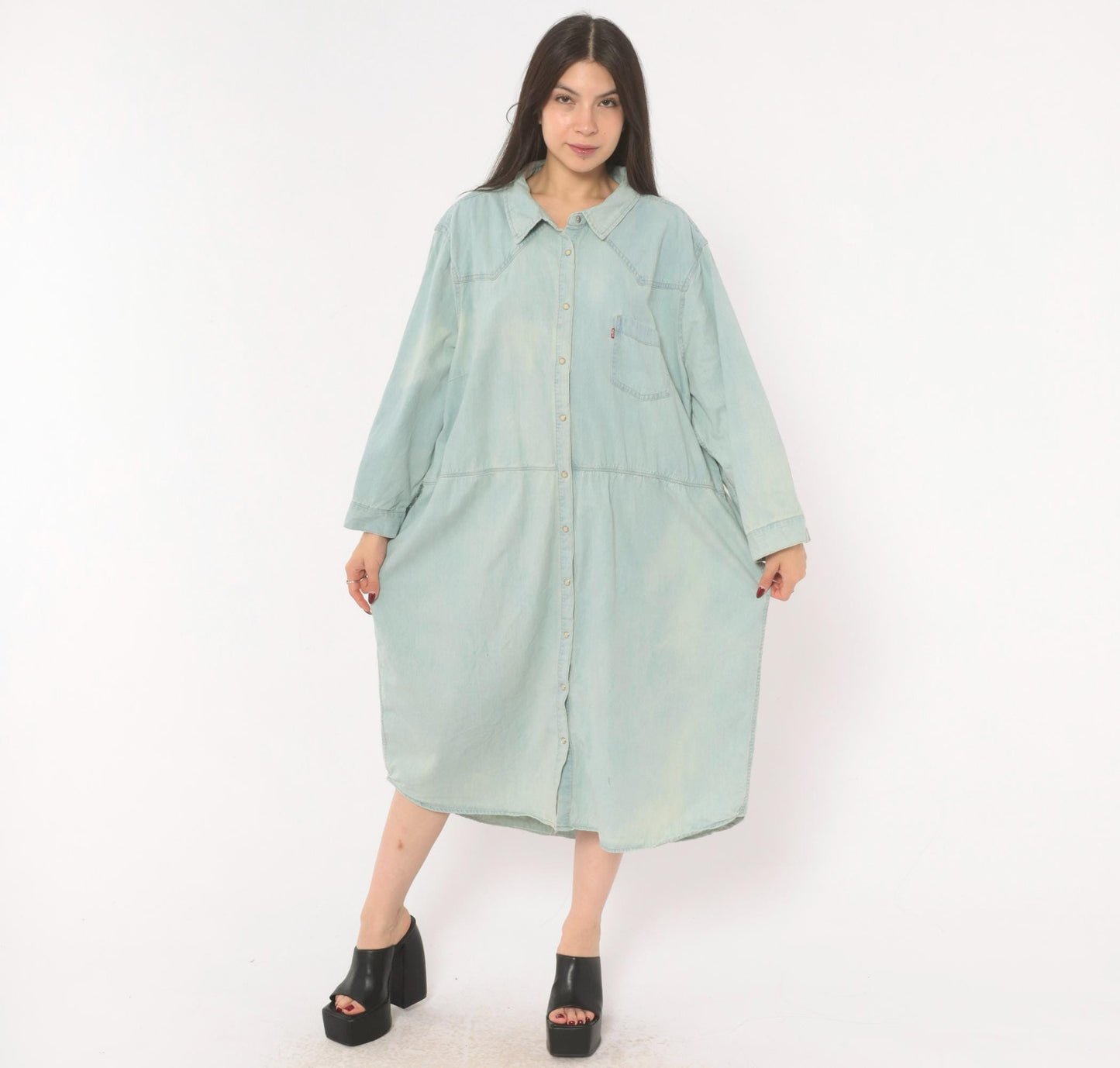 00s Levis Light Wash Denim Shirt Dress Western Yoke Midi Cotton Plus Size 3XL