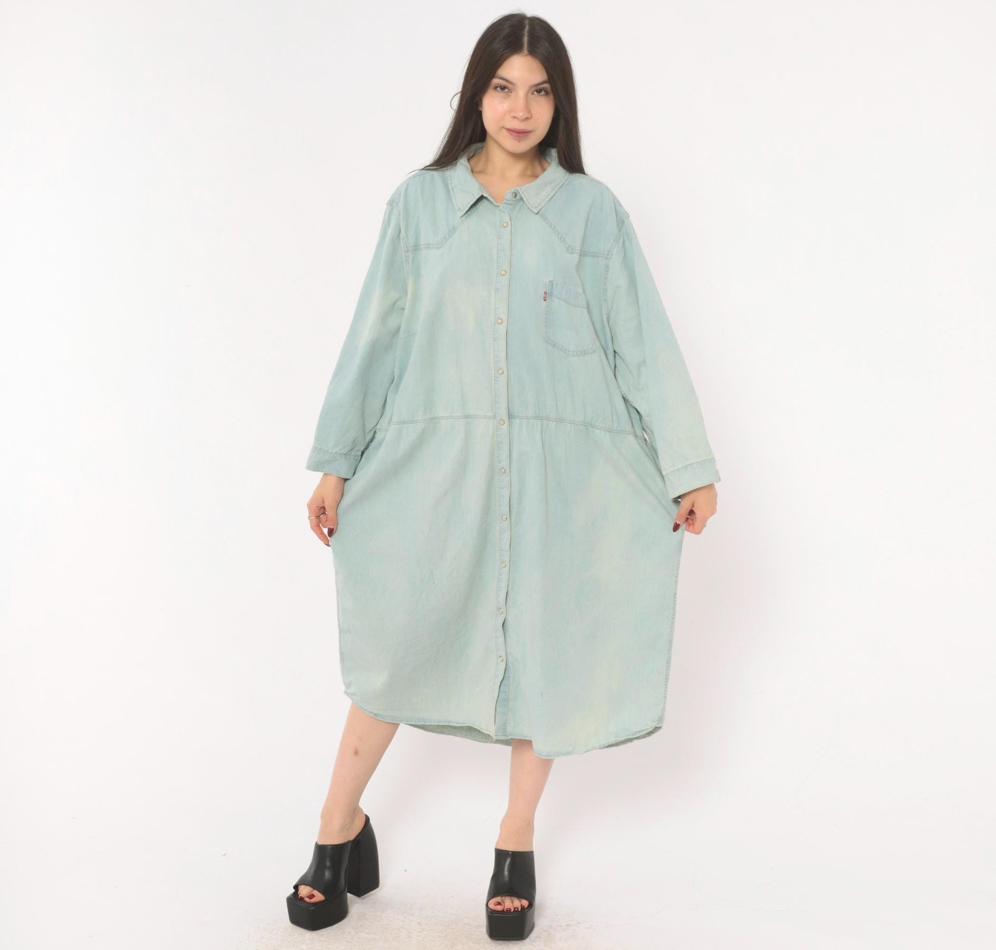00s Levis Light Wash Denim Shirt Dress Western Yoke Midi Cotton Plus Size 3XL