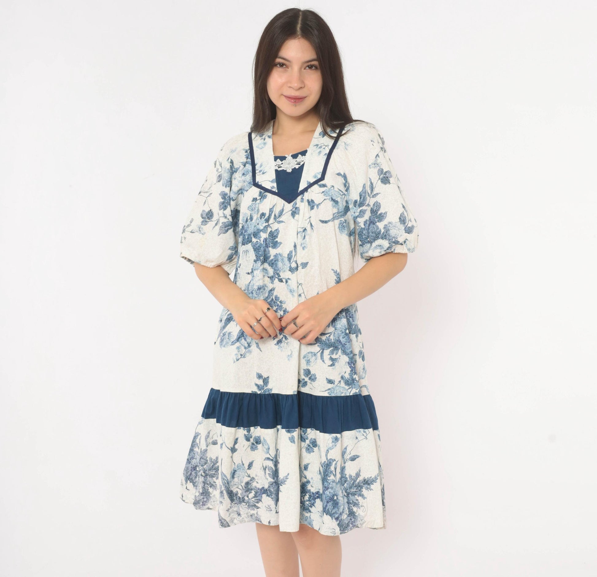 80s Liberty House Blue Floral Toile Cotton Dress V-Neck Puff Sleeve Extra Small XS