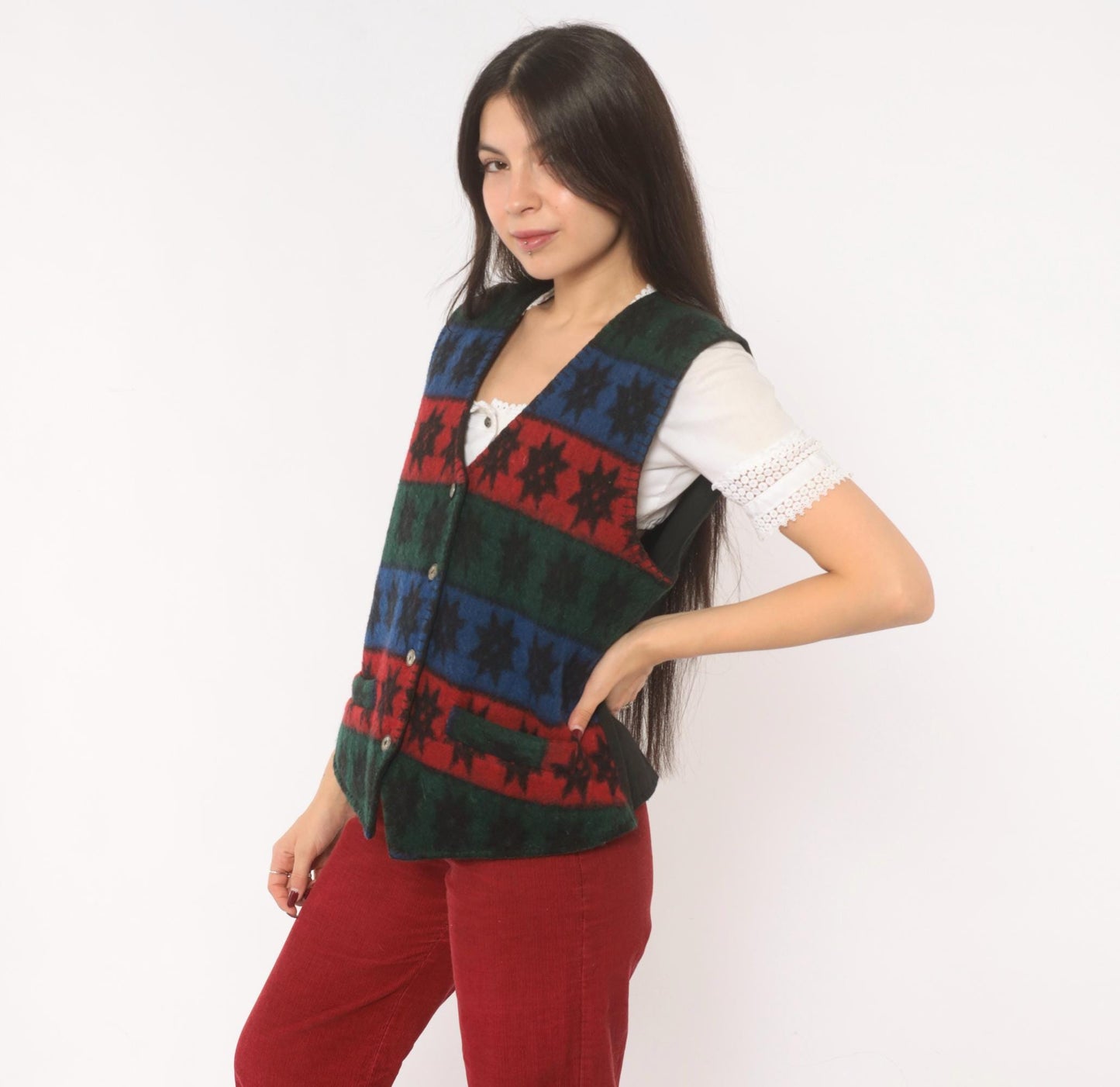 90s Erika Wool Vest Star Pattern Striped Navy Burgundy Forest Green Medium M