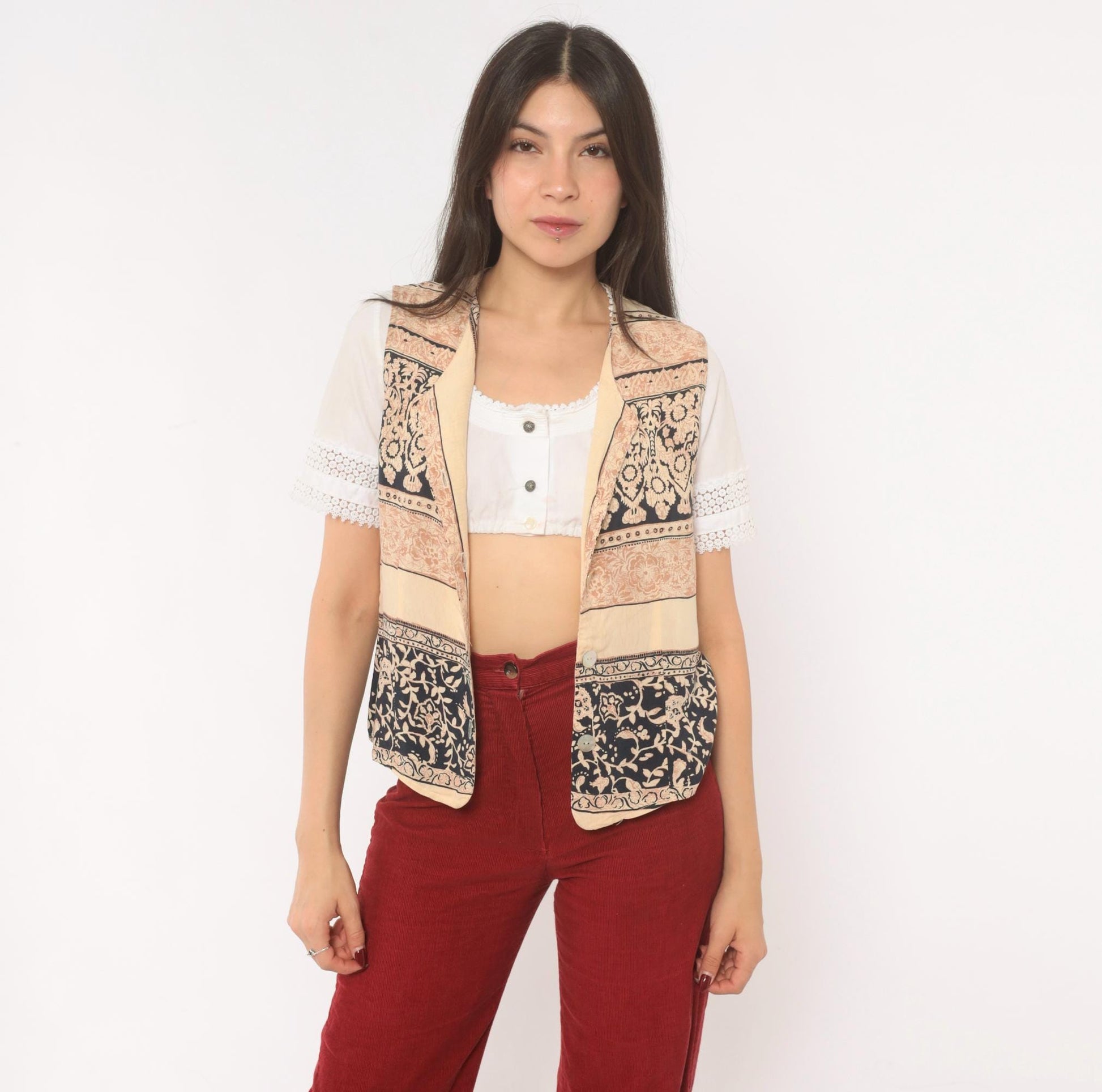 90s L'Amadei Block Print Vest Cream Navy Floral Damask Small S