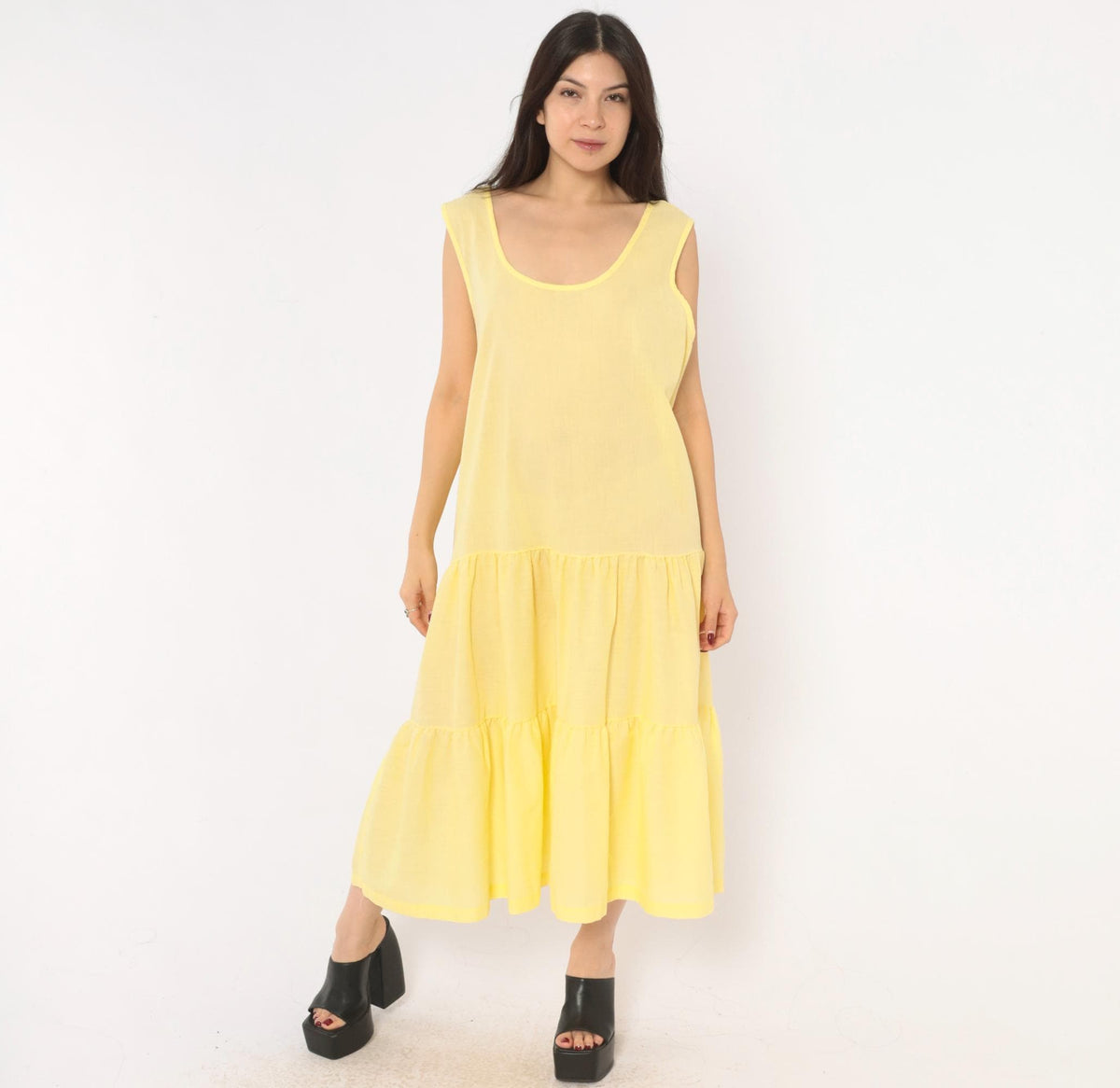 90s Butter Yellow Tiered Midi Sundress Anne Leslie Plus Scoop Neck XXL