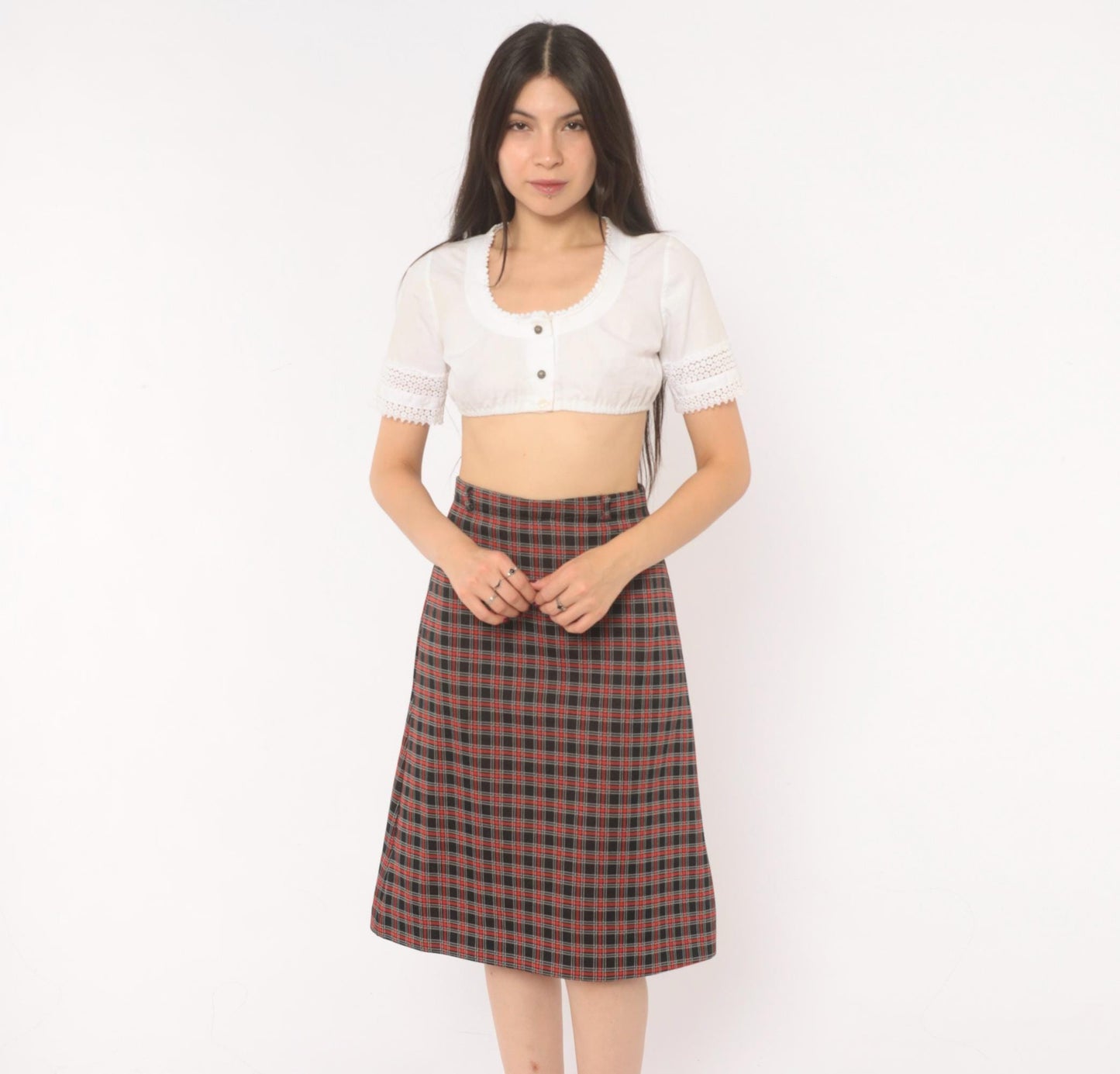 70s Black Red Tartan A-Line Skirt Knee-Length Plaid Preppy Medium