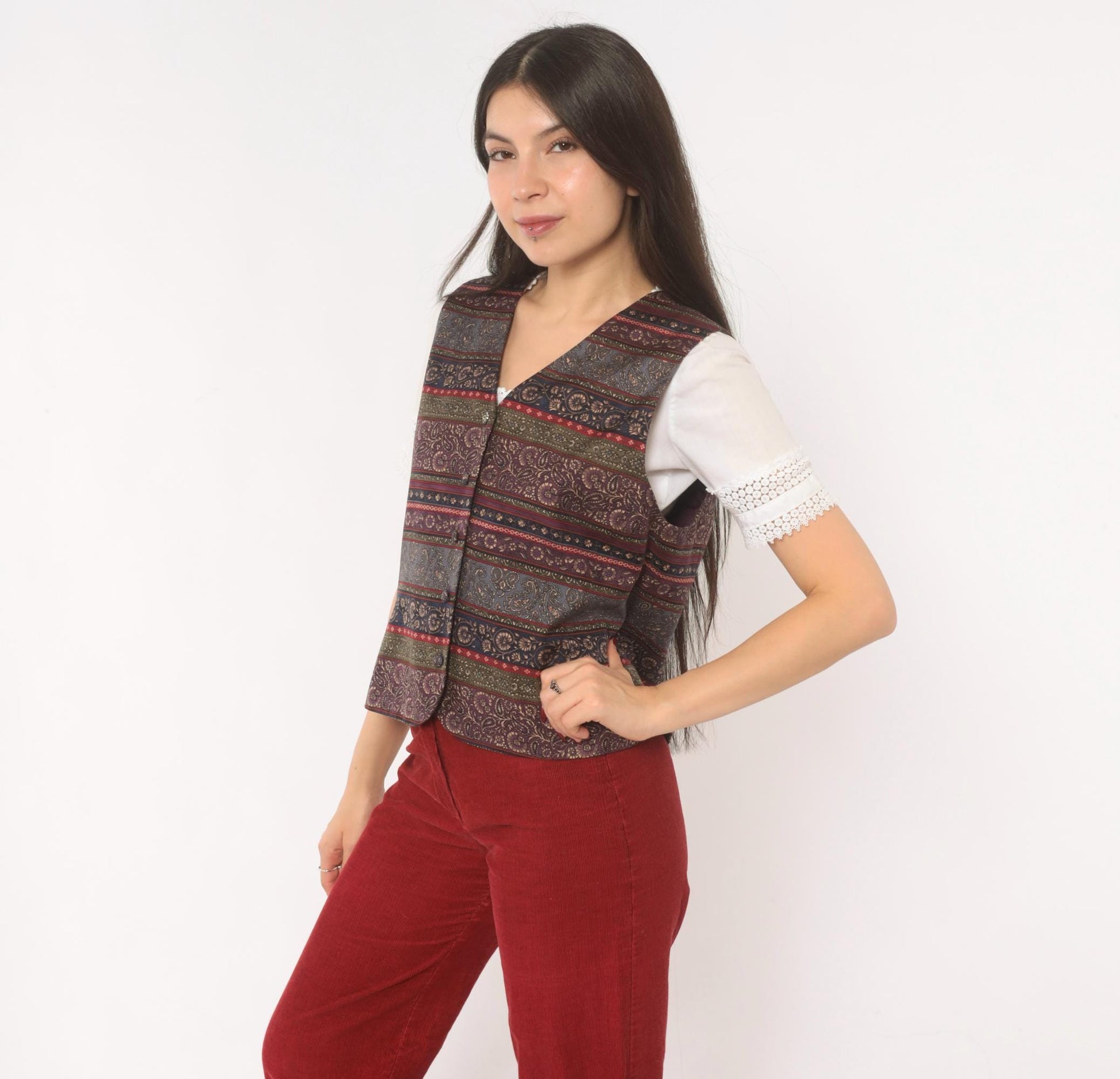 90s Talbots Paisley Silk Vest V-Neck Plum Navy Jacquard Medium M