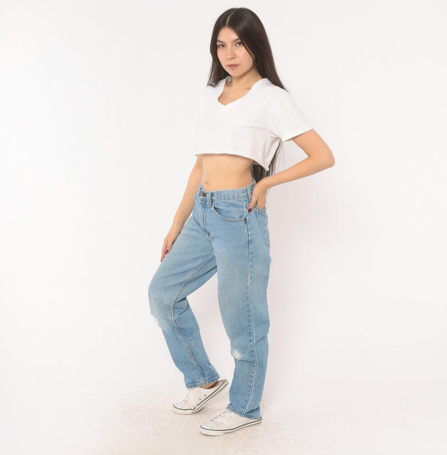 90s Light Wash Straight Leg High Rise Jeans Distressed Knee Rip Denim Small