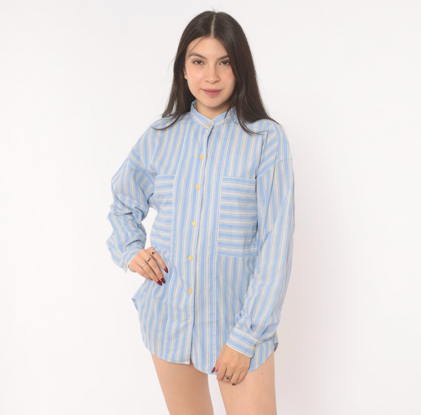 90s Gap Blue White Striped Shirt Band Collar Cotton Blouse Medium M
