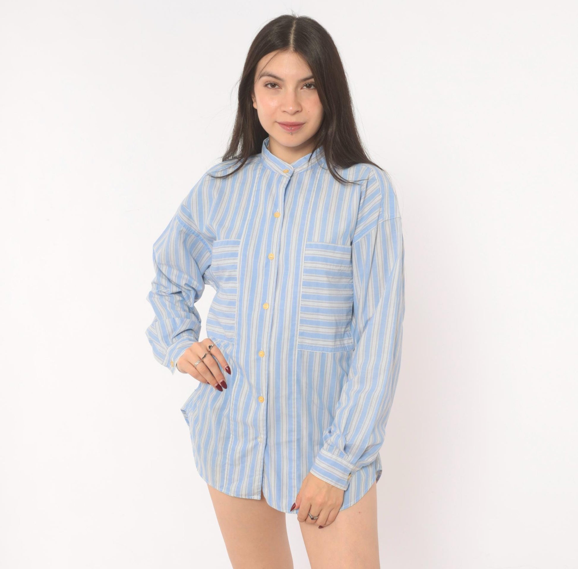 90s Gap Blue White Striped Shirt Band Collar Cotton Blouse Medium M