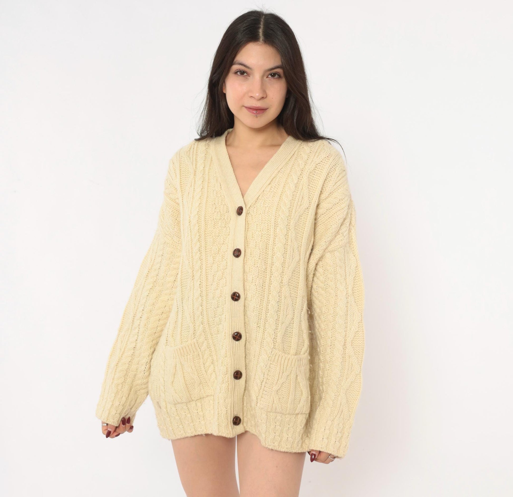 80s Celtic Country Cable Knit Cardigan Cream Wool Button Front Large L