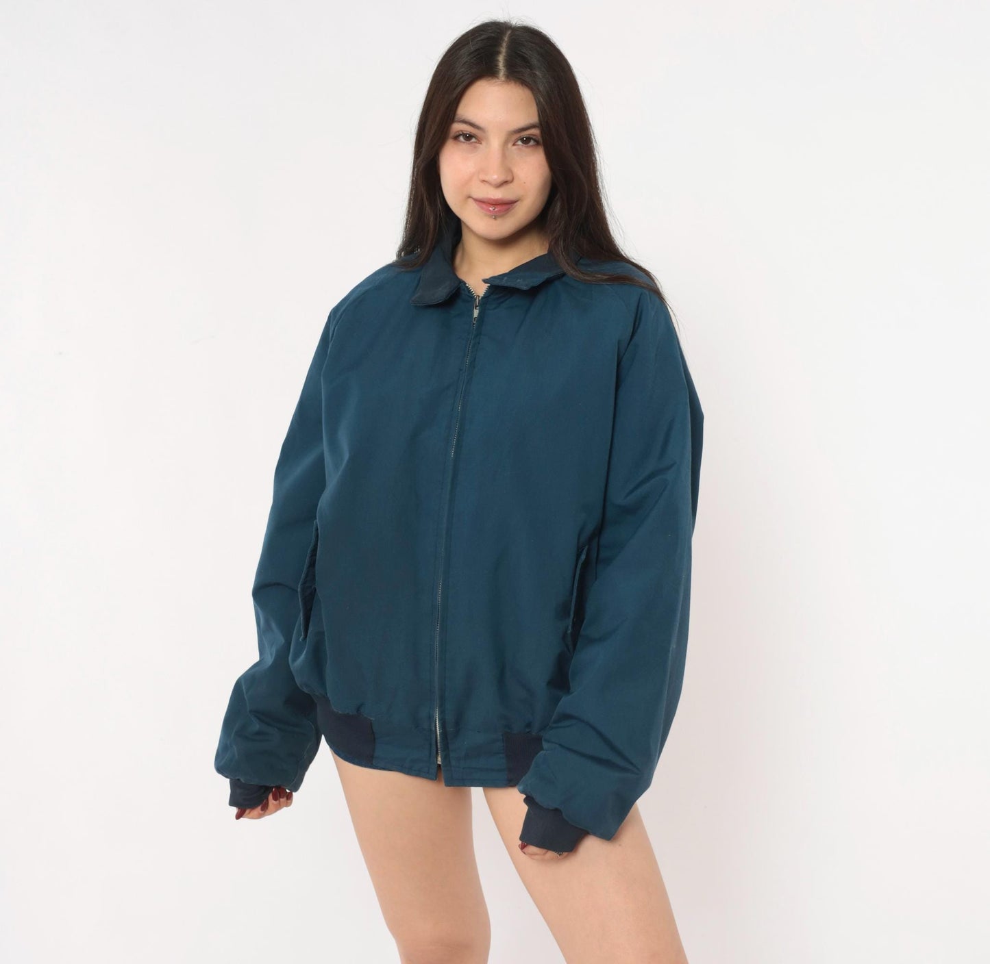 80s Sportsmaster Navy Harrington Bomber Jacket Zip Front Large L