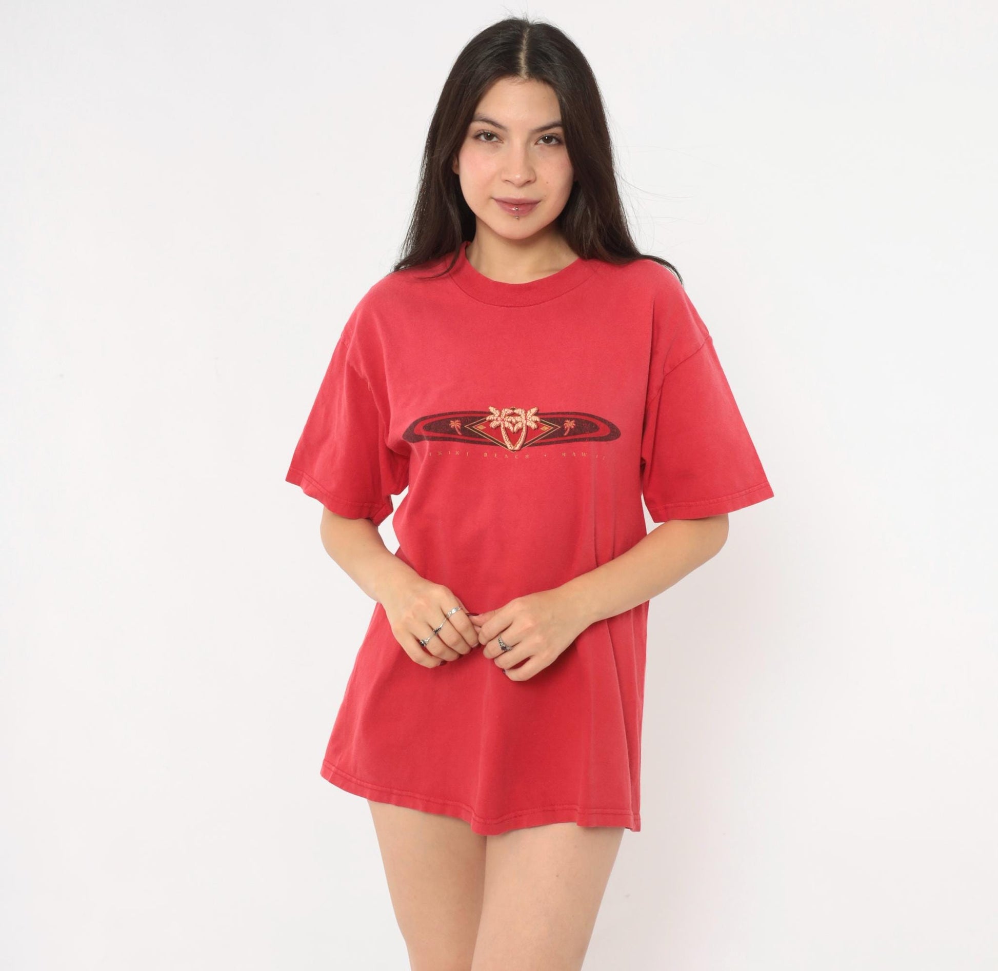90s Waikiki Beach Hawaii Hanes Tee Red Cotton Palm Tree Graphic Large L