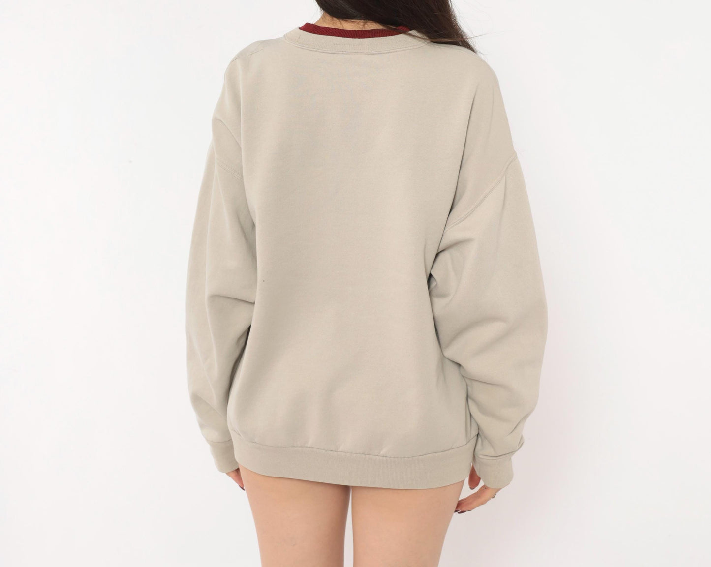 90s Taupe Crewneck Sweatshirt Heart Applique Folk Art Embroidered Medium M