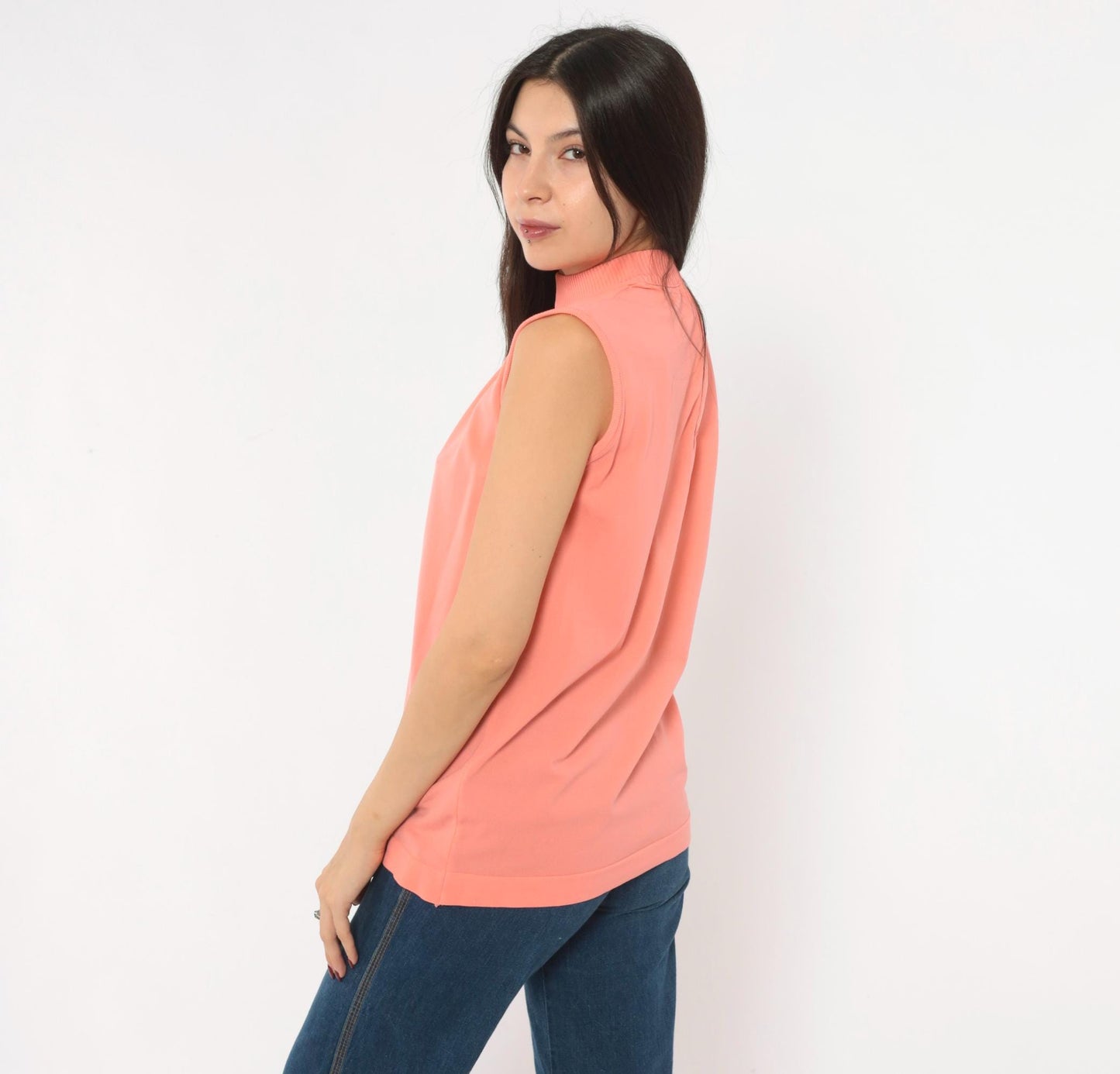 70s Booth Bay Coral Tank Top Mock Neck Sleeveless Blouse Large L