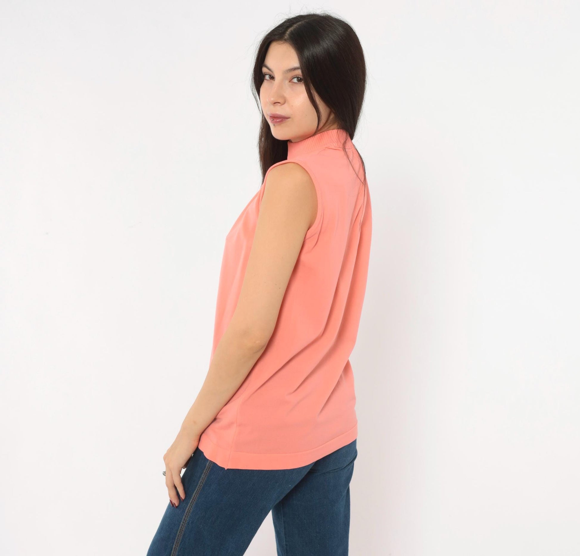 70s Booth Bay Coral Tank Top Mock Neck Sleeveless Blouse Large L