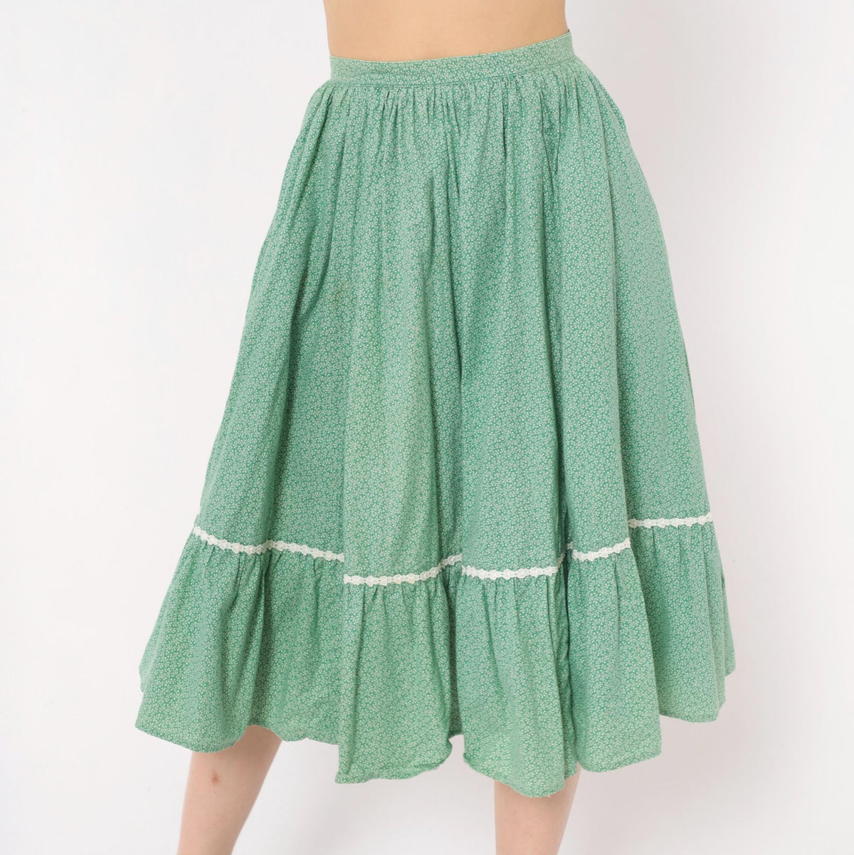 80s Green Ditsy Floral Skirt Cotton Knee-Length Full Circle Gathered Pockets XS