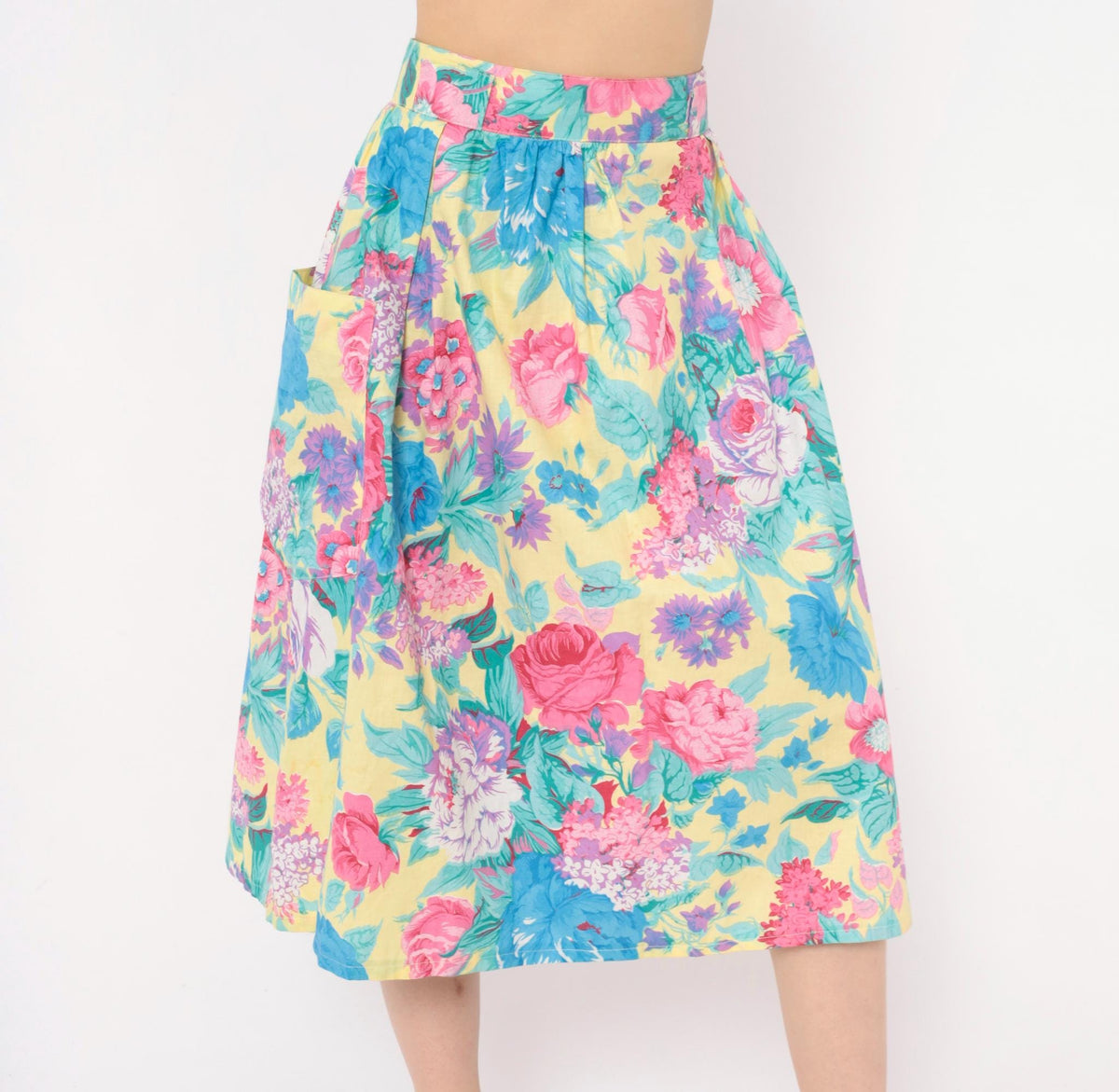 80s Lanzetta Sport Floral Midi Skirt Pink Rose Yellow Cotton High Waist Medium