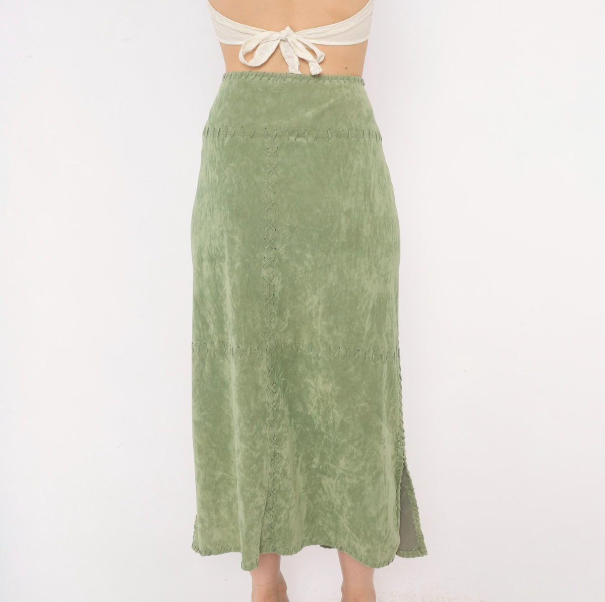Y2K Mint Green Faux Suede Skirt Canyon Road Whipstitch Knee Length Extra Large