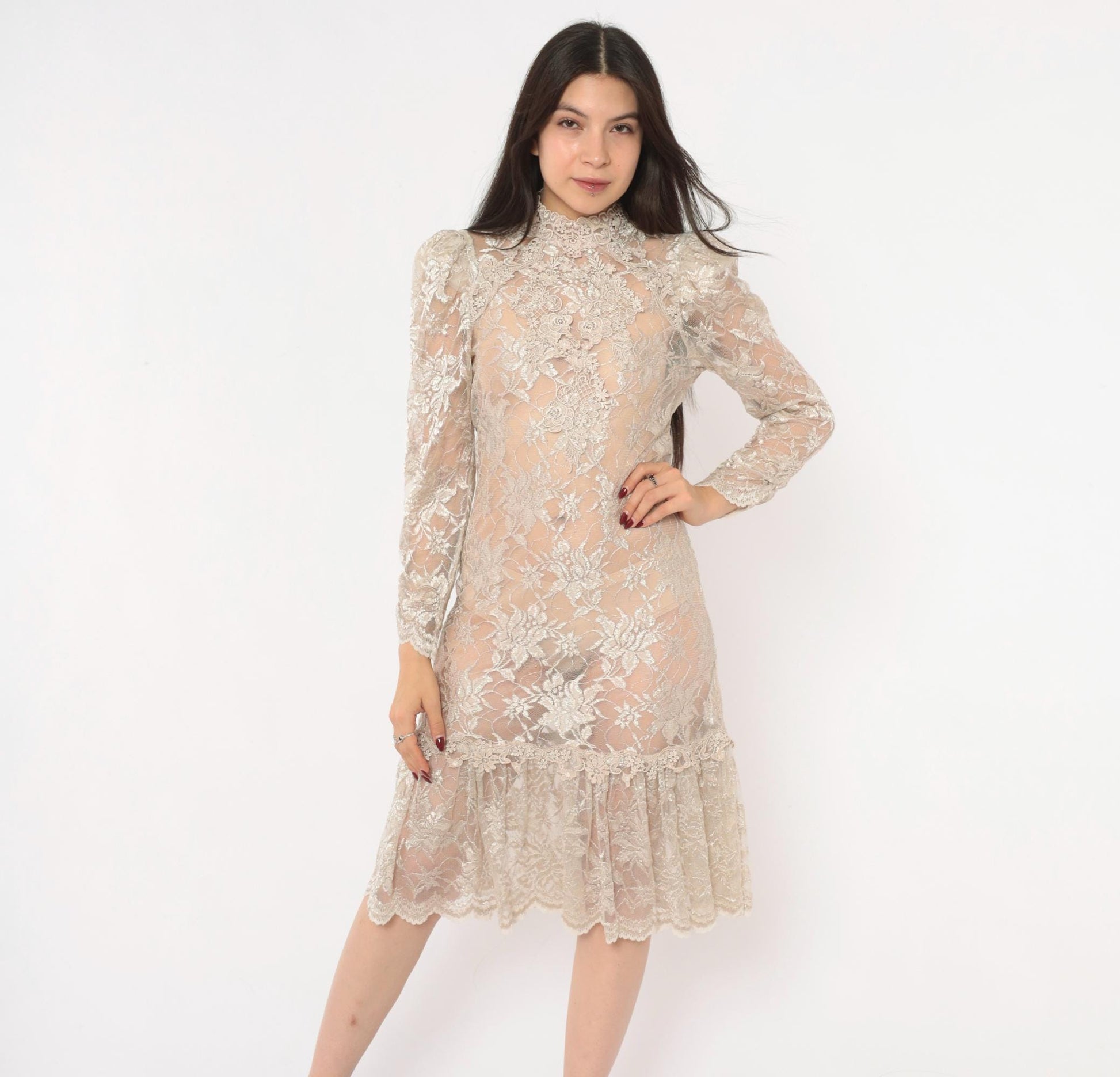 90s Cream Floral Lace Dress Pearl Button Back Puff Sleeve Small