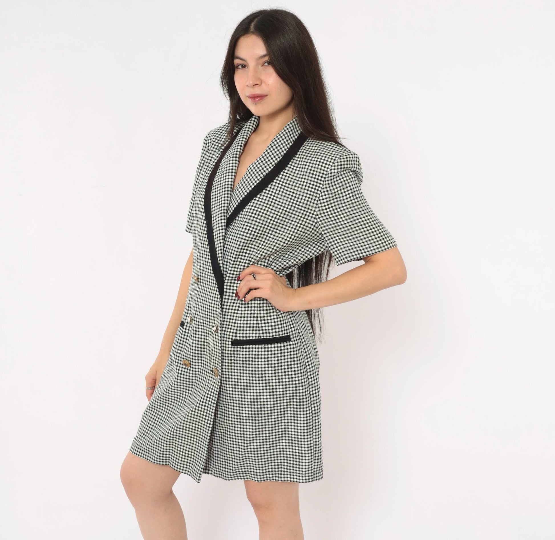 80s Danny & Nicole Gingham Blazer Dress Black White Check Large
