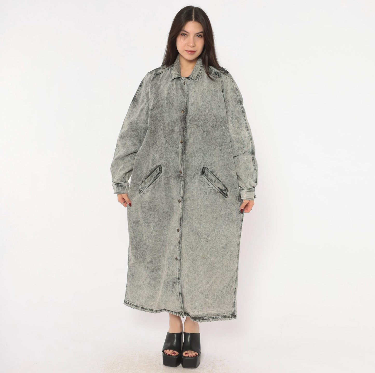 90s Acid Wash Denim Duster Grey Snap Front Maxi Jacket Cotton Medium M