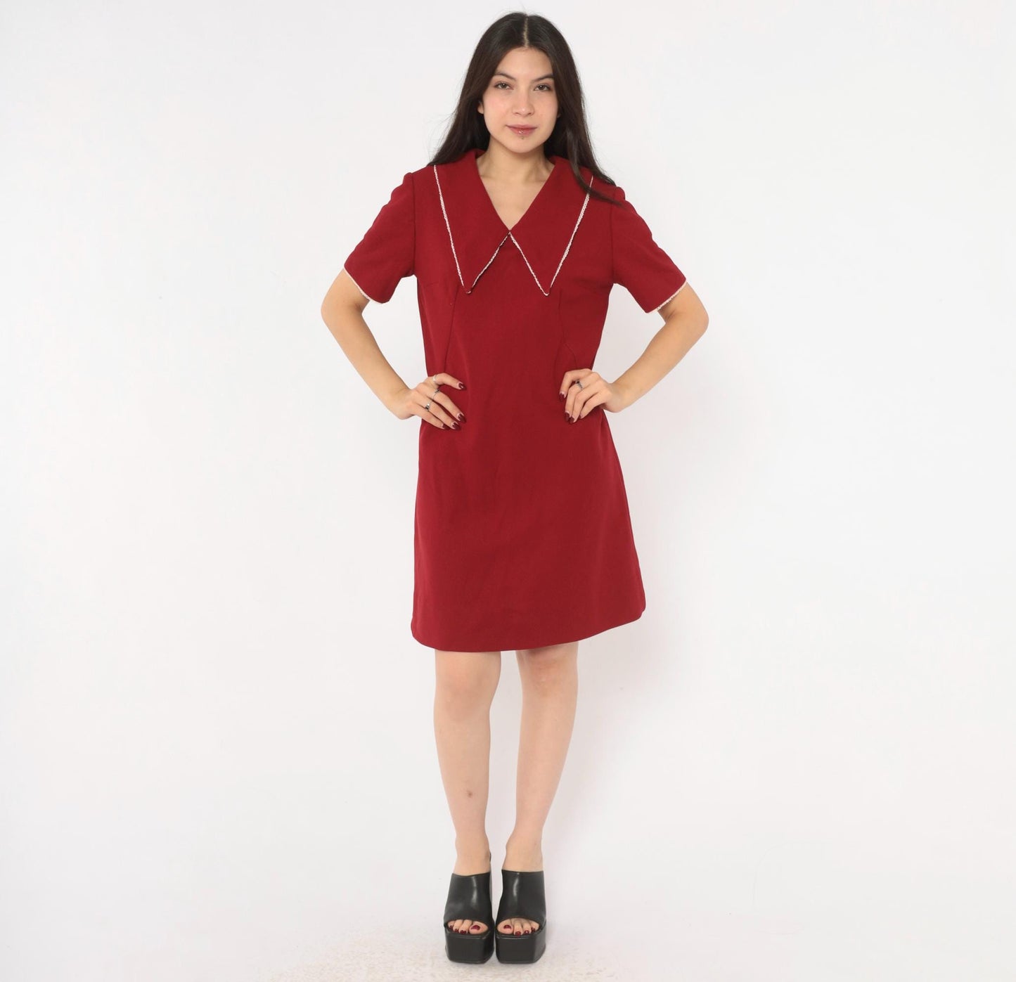 70s Burgundy Sailor Collar A-Line Dress Lace Trim Knee Length Medium