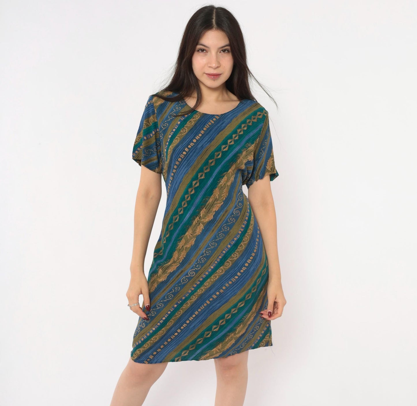 90s Tribal Geometric Sundress Blue Teal Gold Diagonal Stripe A-Line Medium M