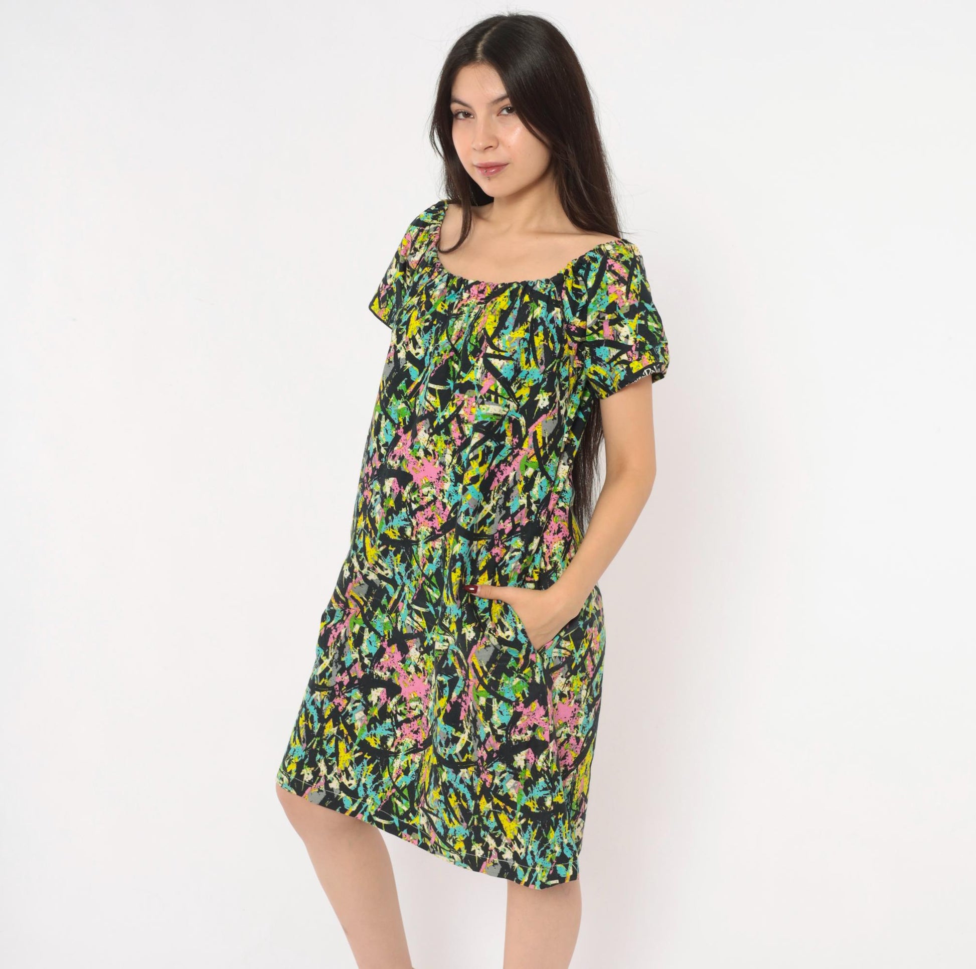 70s Splatter Paint Shift Dress Abstract Print Cotton A-Line Medium
