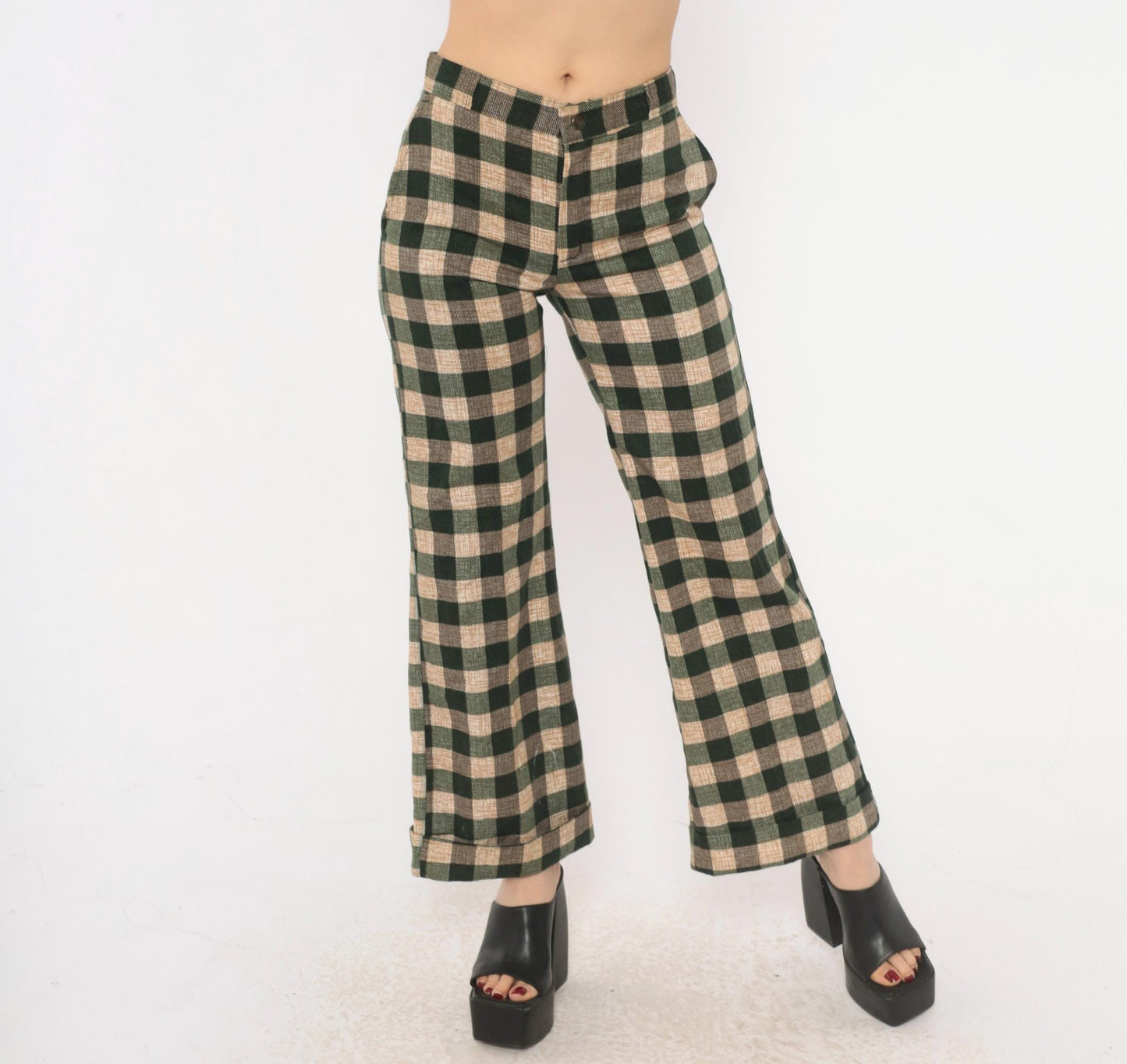 70s Tale Lord Green Tan Buffalo Check Flare Pants High Waist Extra Small XS