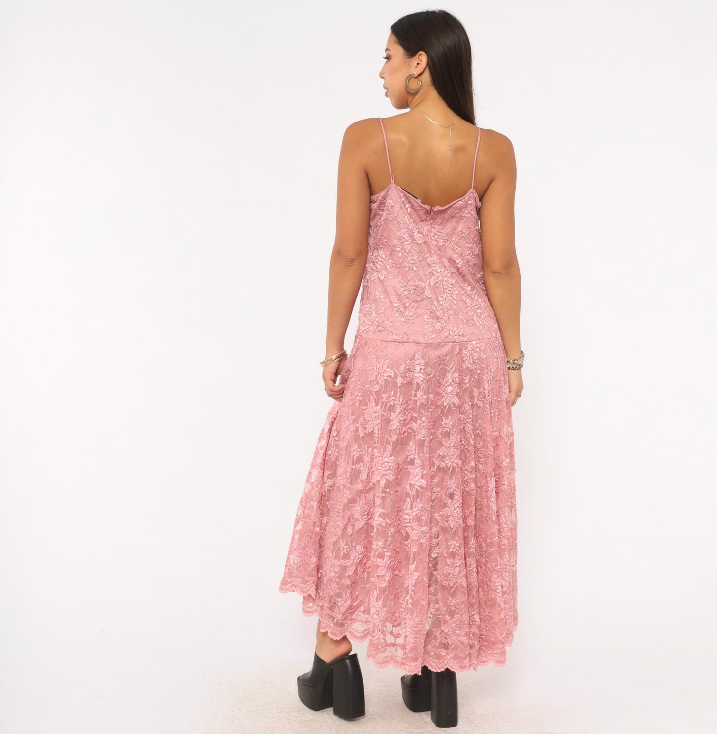 80s Pat Richards Pink Lace Maxi Dress Floral Embroidered Drop Waist Medium