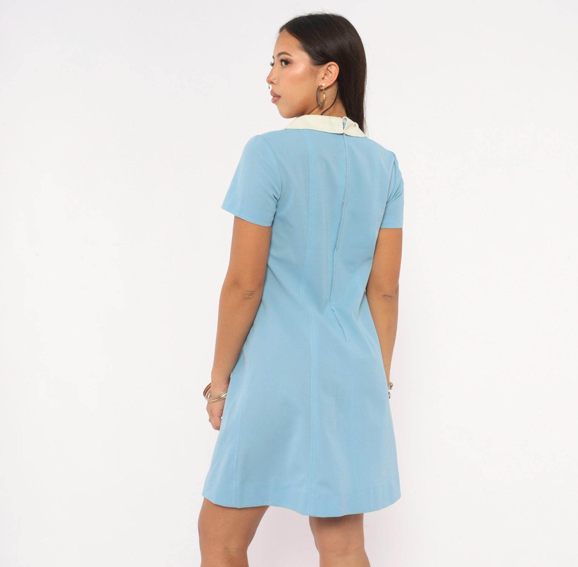 70s Unidress Sky Blue Peter Pan Collar Mini Shift Dress Small