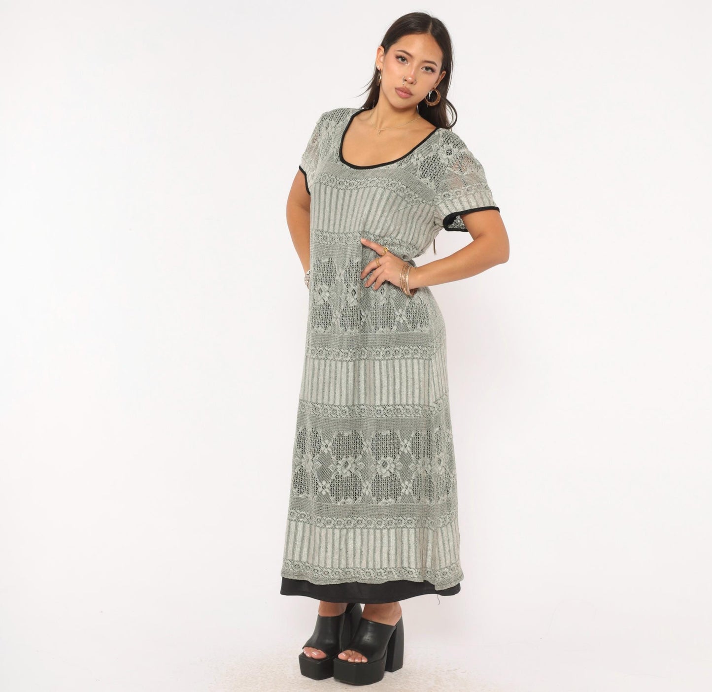 90s Grey Diamond Lace Knit Maxi Dress A-Line Short Sleeve Large L
