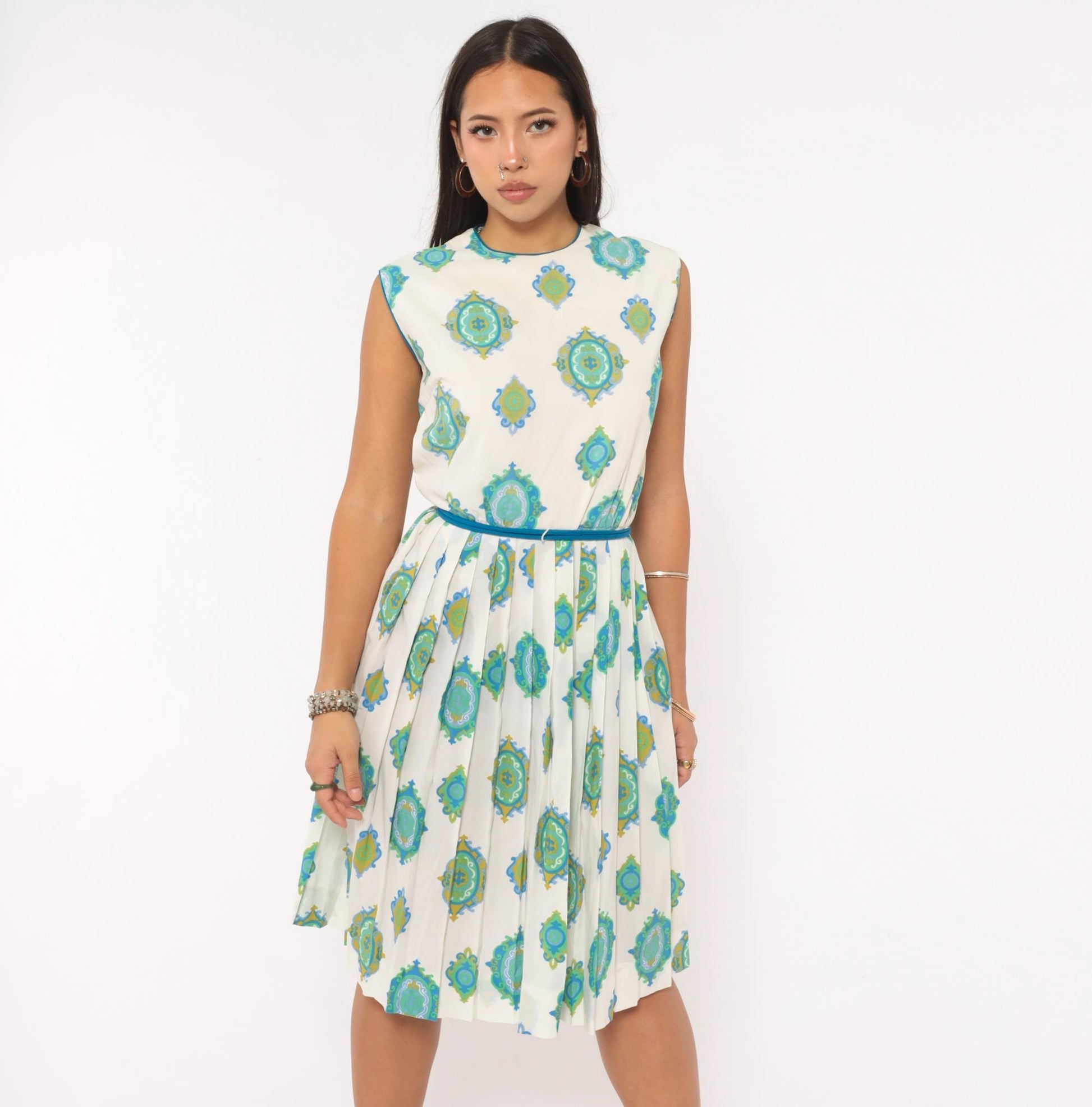 60s R & K Originals Medallion Print Dress Teal White Pleated A-Line Medium