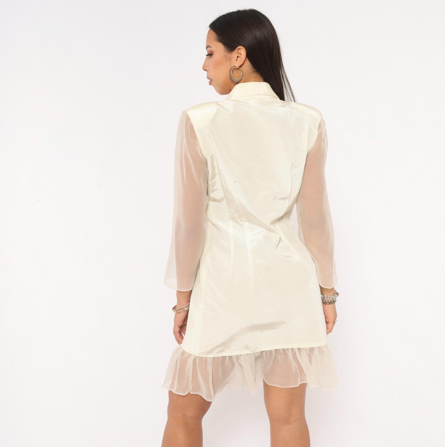 90s Cream Double Breasted Blazer Dress Gold Buttons Sheer Organza Mini Large L