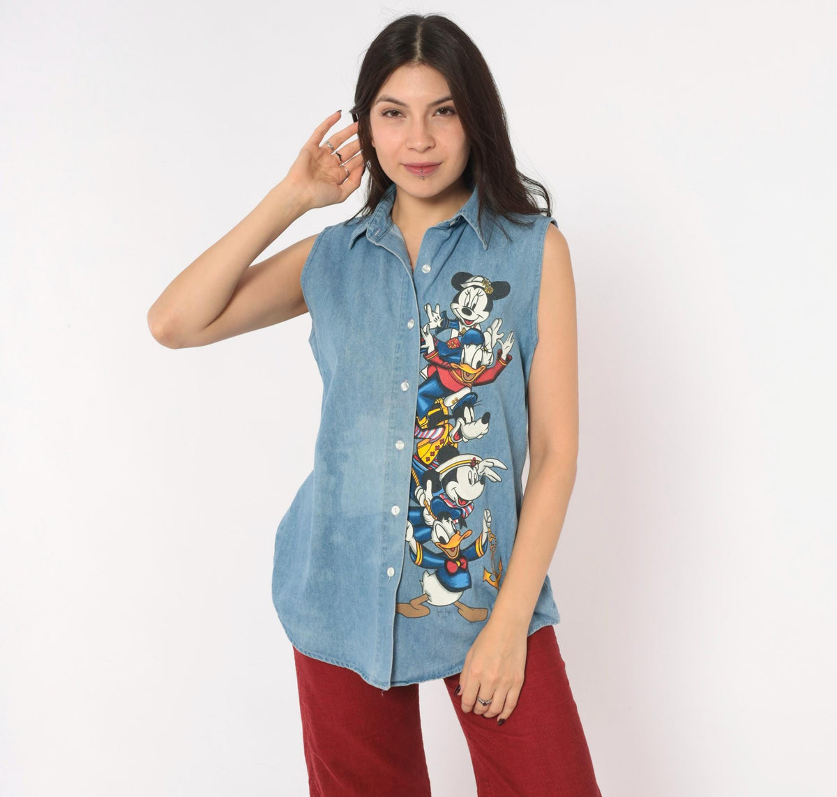 90s Mickey Unlimited Disney Denim Sleeveless Shirt Blue Chambray Medium M