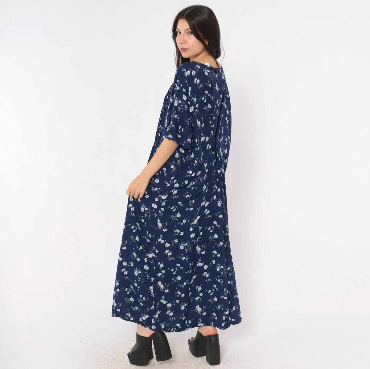 90s Navy Floral Rayon Dress Pintuck Daisy Print Tie Back Ankle Maxi Plus Size 3X