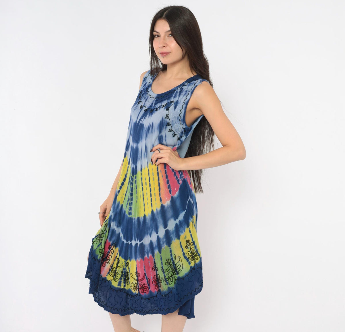 Y2K Tie Dye Sun Dress Blue Rayon Scoop Neck Trapeze Knee Length Small