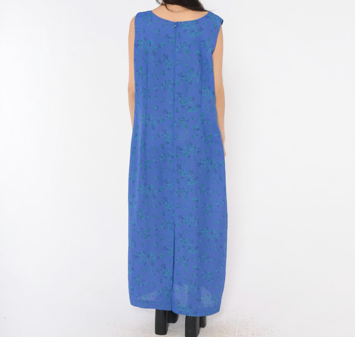 90s Leslie Fay Blue Floral Maxi Dress Sleeveless Scoop Neck Large L
