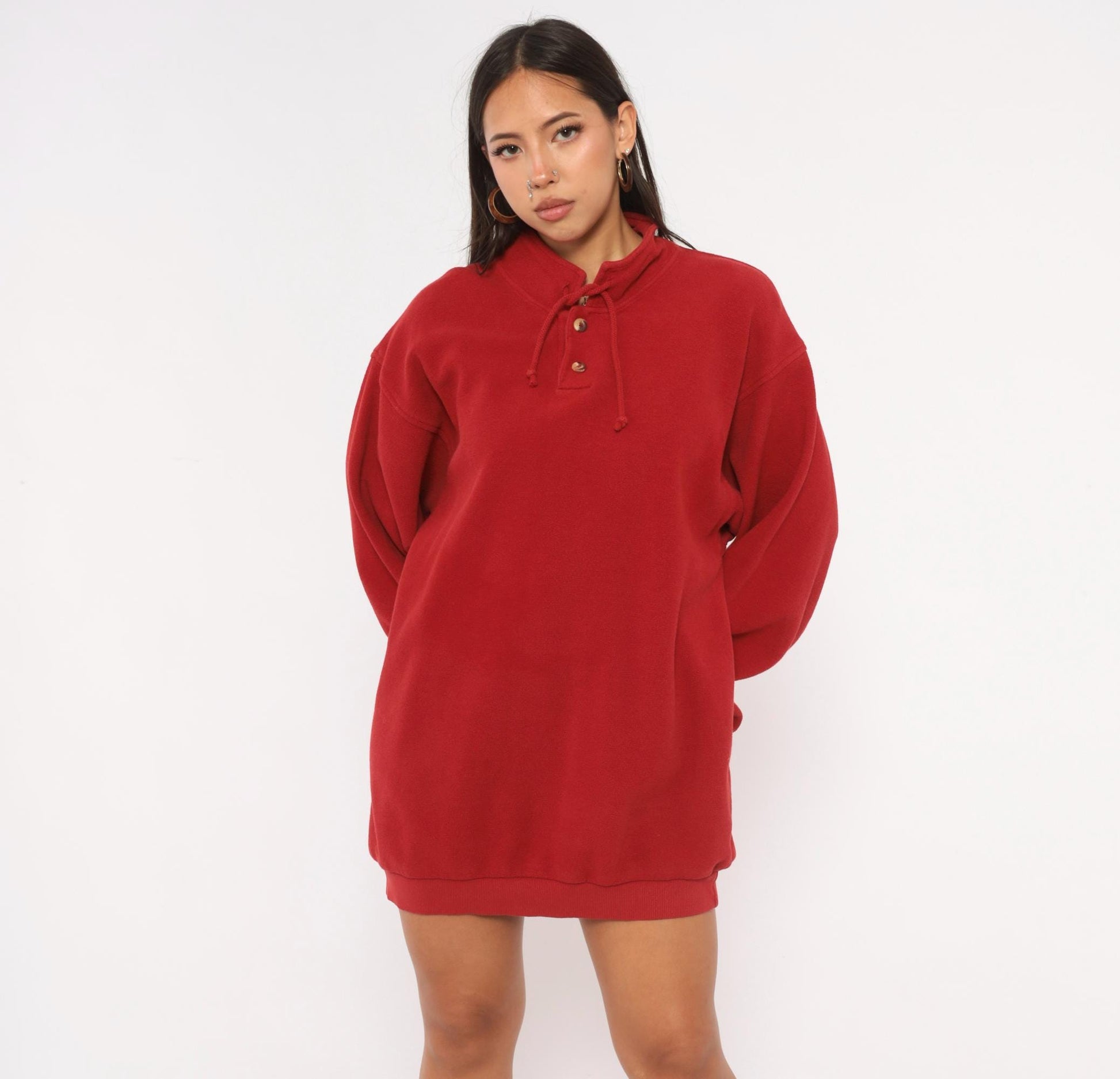 90s Crazy Shirt Cranberry Henley Sweatshirt Cotton Mock Neck Drawstring Large L
