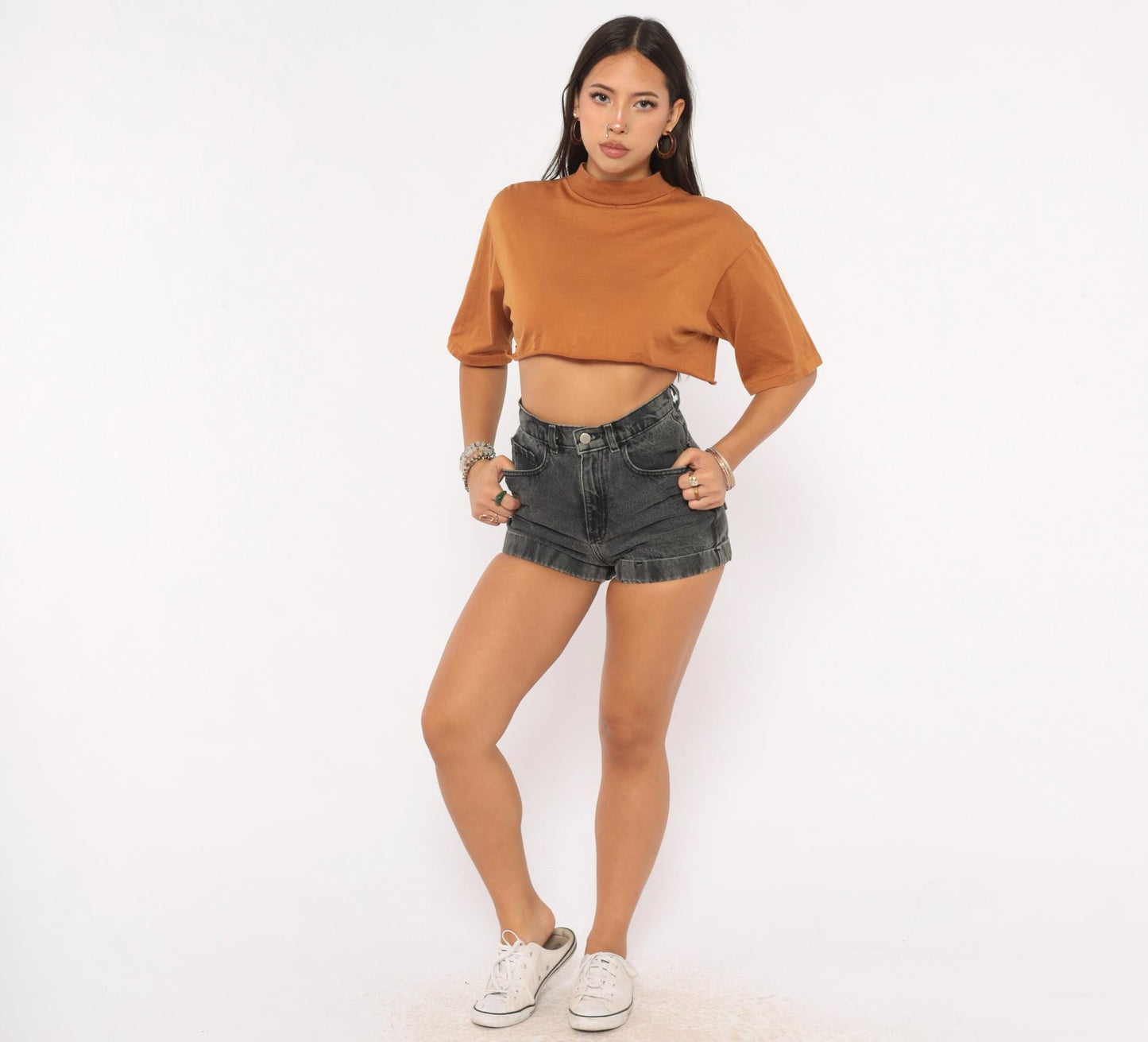 80s The Men's Store Rust Mock Neck Crop Top Cotton Durene Large L