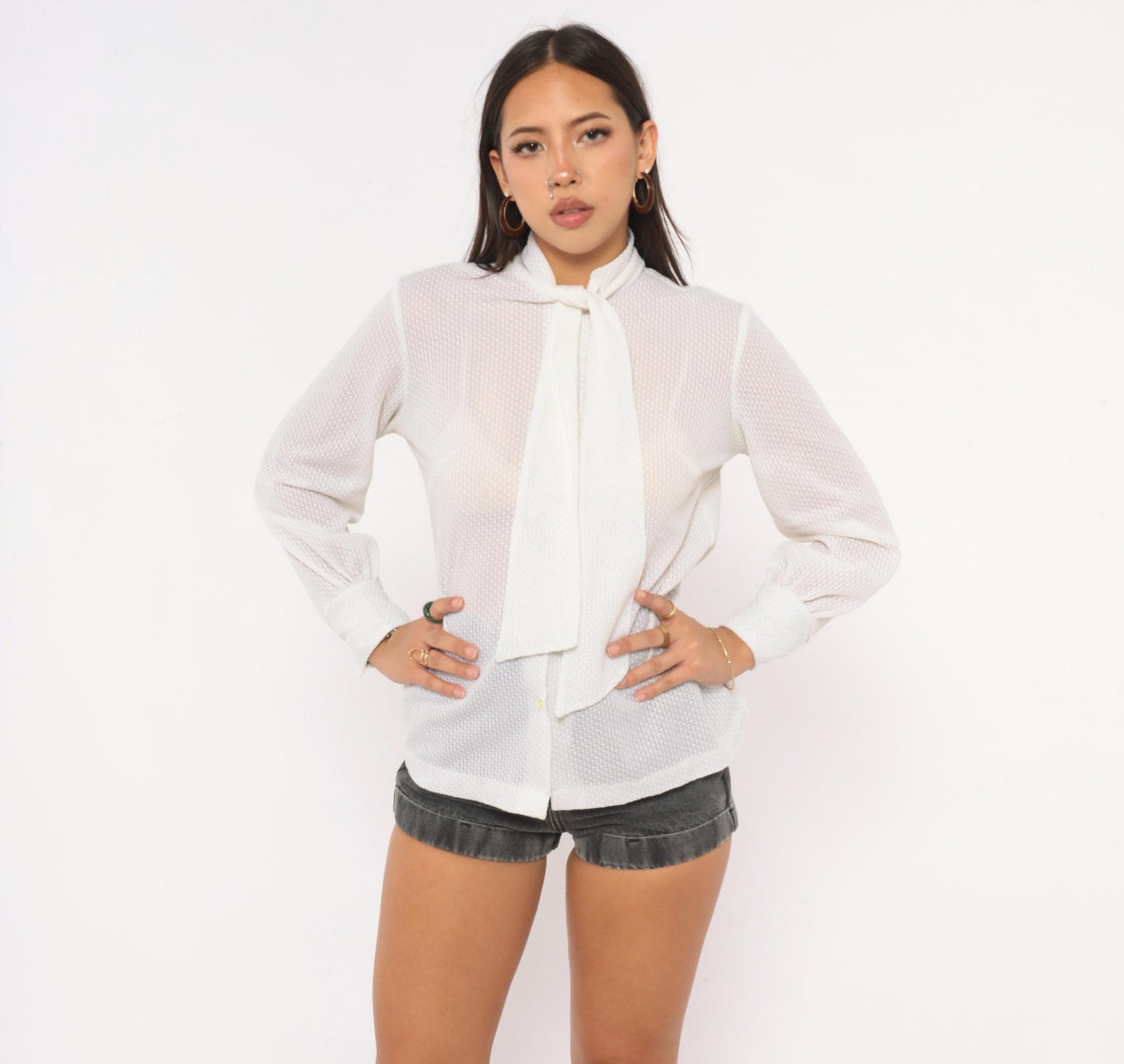 70s White Ascot Bow Blouse Sheer Bishop Sleeve Button Front Medium