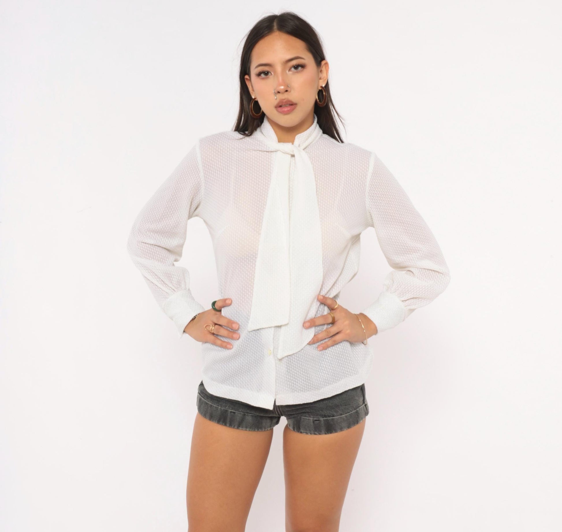70s White Ascot Bow Blouse Sheer Bishop Sleeve Button Front Medium
