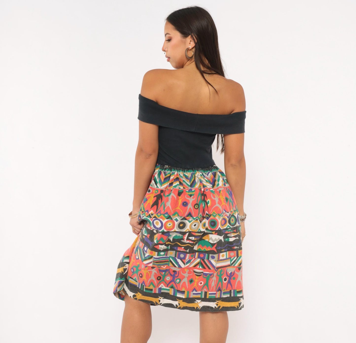90s Victoria Off-Shoulder Dress Black Multicolor Fish Print Knee-Length Small S